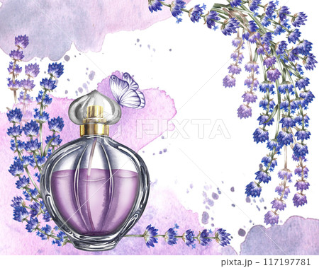 Lavender. The purple horizontal border frame is made of lavender and a bottle with watercolor spots and butterflies. A watercolor illustration made by hand. For packaging, postcards and labels. 117197781