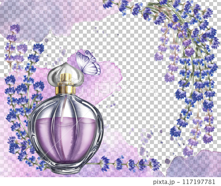 Lavender. The purple horizontal border frame is made of lavender and a bottle with watercolor spots and butterflies. A watercolor illustration made by hand. For packaging, postcards and labels. 117197781