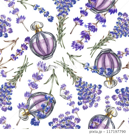 Lavender. Seamless pattern of lavender flowers and vials. A hand-drawn watercolor illustration. Highlight it. For packaging, postcards and labels. For textiles, wallpaper, packaging paper. Lavender. Seamless pattern of lavender flowers and vials. A hand-drawn watercolor illustration. Highlight it. For packaging, postcards and labels. For textiles, wallpaper, packaging paper. 117197790