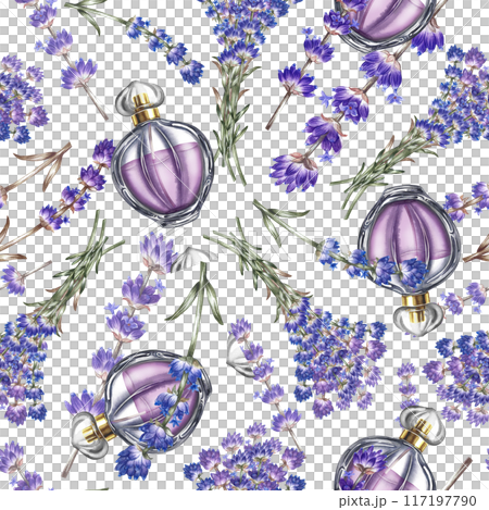Lavender. Seamless pattern of lavender flowers and vials. A hand-drawn watercolor illustration. Highlight it. For packaging, postcards and labels. For textiles, wallpaper, packaging paper. Lavender. Seamless pattern of lavender flowers and vials. A hand-drawn watercolor illustration. Highlight it. For packaging, postcards and labels. For textiles, wallpaper, packaging paper. 117197790