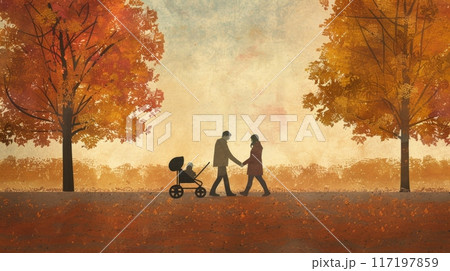 young couple walks hand-in-hand through a park, pushing a stroller with their baby. The trees are ablaze with vibrant fall colors. young couple walks hand-in-hand through a park, pushing a stroller with their baby. The trees are ablaze with vibrant fall colors. 117197859