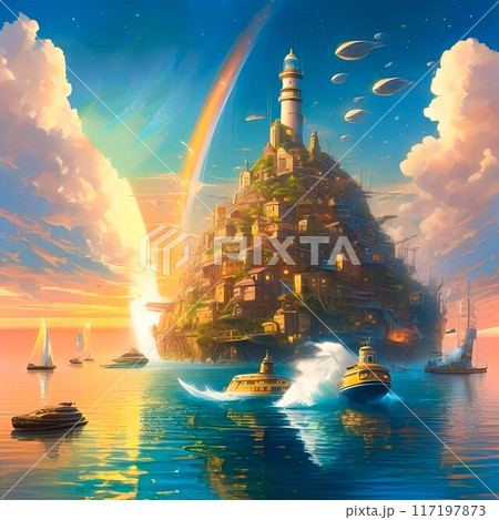 【イラスト素材】虹とともに帆船が行き交う夢の島へ/井上軟太郎 117197873