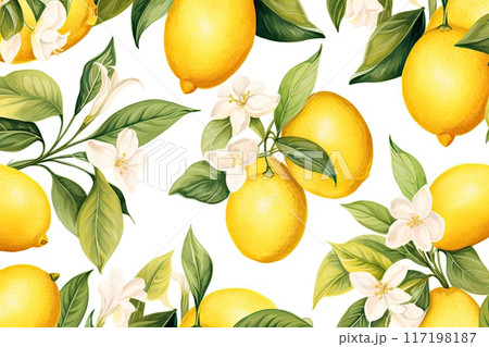 Seamless lemon watercolor pattern with a vintage summer vibe. 117198187