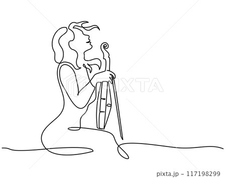 Violinist woman resting with violin on lap. Continuous one line drawing 117198299