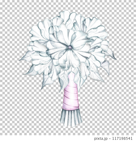 A bouquet of white flowers with a pink ribbon is the bride's wedding bouquet. Handmade watercolor illustration. For greeting and invitation cards, banners, flyers and posters, packaging, labels. 117198541