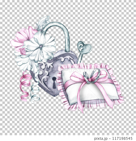 A heart-shaped castle decorated with flowers and wedding rings on a cushion. Wedding attributes for the observance of traditions. Hand-made watercolor illustration, isolated. A symbol of continuity. A heart-shaped castle decorated with flowers and wedding rings on a cushion. Wedding attributes for the observance of traditions. Hand-made watercolor illustration, isolated. A symbol of continuity. 117198545