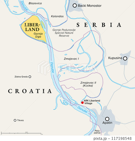 Free Republic of Liberland, political map, with ARK Liberland Village near Apatin. Micronation in Europe claiming uninhabited parcel of land Gornja Siga on Danube, disputed between Croatia and Serbia. 117198548