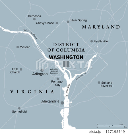 Washington, D.C., gray political map. District of Columbia, capital city and federal district of the United States. Located on Potomac River, across from Virginia, sharing land borders with Maryland. 117198549