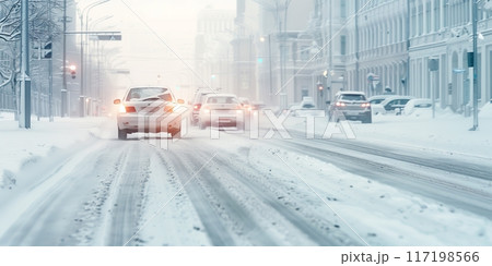 Cars cautiously drive along a snow-blanketed street in a city 117198566