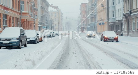 Snow-covered city street with vehicles and buildings during winter day 117198568