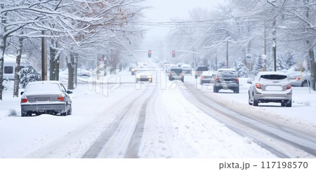 Snow-covered road with vehicles driving through winter storm 117198570
