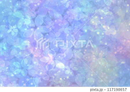 水色、青、紫、ピンクの花が舞う神秘的で幻想的なきらきら光るグラデーション背景壁紙イラストテクスチャ 117198657