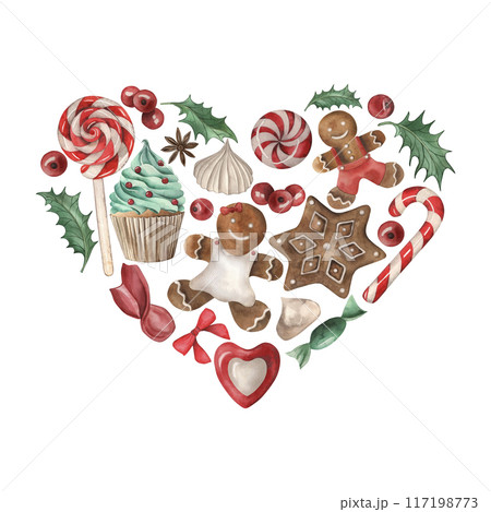 Christmas, hart, sweets, cupcakes, lollipops, candies, gingerbread, meringue, holly, new year. The illustration is drawn in watercolor in isolation. For design, packaging, printing, textile, interior. Christmas, hart, sweets, cupcakes, lollipops, candies, gingerbread, meringue, holly, new year. The illustration is drawn in watercolor in isolation. For design, packaging, printing, textile, interior. 117198773