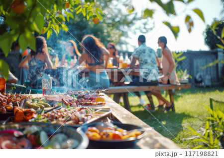 Summer backyard barbecue party with friends gathered and food on barbecue grill 117198821