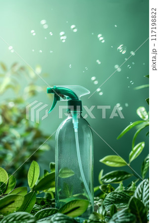 Eco friendly biodegradable cleaner Spray bottle with green leaves in nature background 117198822