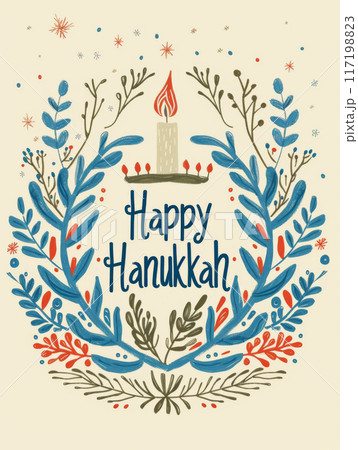 Hanukkiah with seven lit candles surrounded by floral design and text Happy Hanukkah Hanukkiah with seven lit candles surrounded by floral design and text Happy Hanukkah 117198823