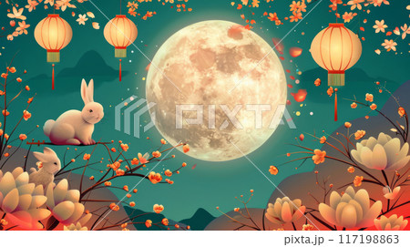 Moon festival scene with full moon, rabbit, lanterns, cherry blossoms and birds Moon festival scene with full moon, rabbit, lanterns, cherry blossoms and birds 117198863