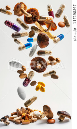 Mushrooms and various pills floating in mid-air on white background 117198867