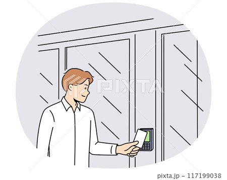 Business man uses key card for open electronic lock on door and gain access to office space Business man uses key card for open electronic lock on door and gain access to office space 117199038