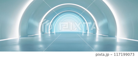 3d render of an empty futuristic tunnel with light blue walls and white floor 117199073