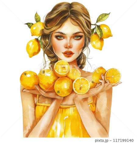 A Young Woman Holding Fresh Lemons Surrounded by Green Leaves in a Beautiful and Vibrant Watercolor Style 117199140