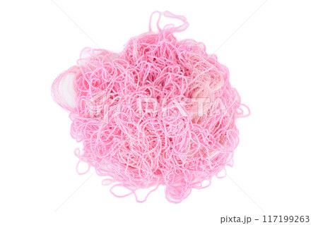 Top view of a pile of pink beads on a white background. Top view of a pile of pink beads on a white background. 117199263