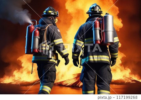 Rear view of firefighter against in fiery fire, massive blaze, fire flame at night. 117199268