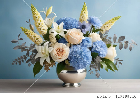 Light beautiful floral arrangement, vintage bouquet of ocean blue, silver gray, pebble gray, pale sand, pastel brown colors. 117199316