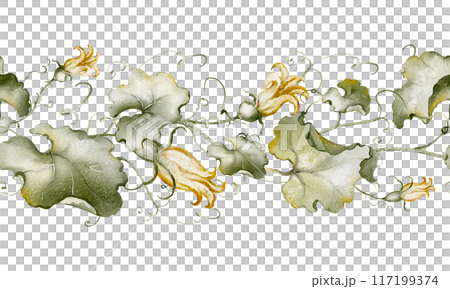 Watercolor plant border with leaf details. Seamless pattern of hand-drawn pumpkin vines and leaves. Repetitive botanical illustration of foliage. For autumn decor, invitations, and seasonal designs. Watercolor plant border with leaf details. Seamless pattern of hand-drawn pumpkin vines and leaves. Repetitive botanical illustration of foliage. For autumn decor, invitations, and seasonal designs. 117199374