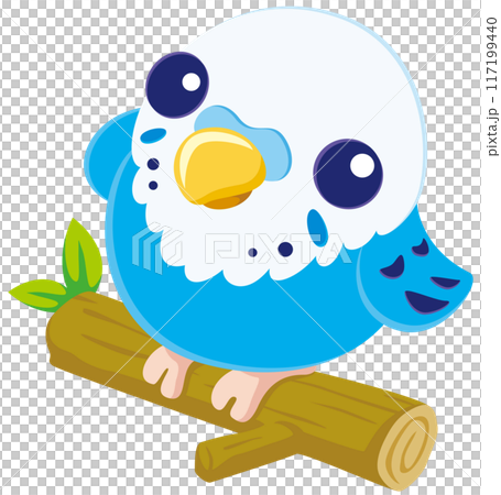 Vector illustration icon of a cute budgerigar looking up on a tree branch / blue 117199440