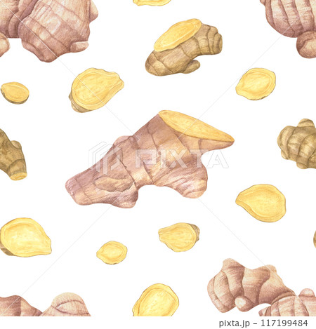 Ginger root. Seamless pattern of whole and slice ginger. Watercolor illustration illustration. Natural organic food for recipe, package. For advertising products that strengthen the immune system 117199484