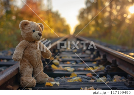 teddy bear stands in the railway 117199490