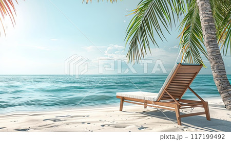 Sun lounger on the beach with palm trees and deep turquoise sea 117199492