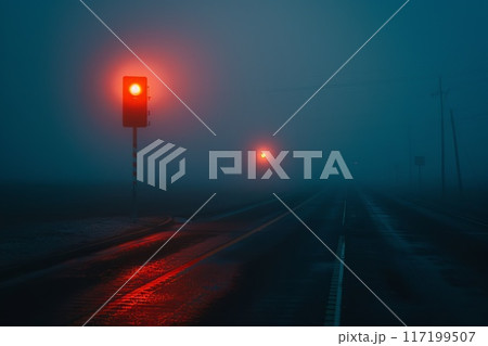 night highway and burning red traffic lights night highway and burning red traffic lights 117199507