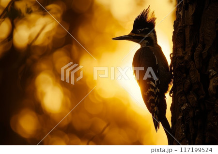 woodpecker on a tree backlit by the sun 117199524