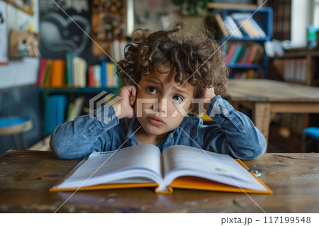 Desperate teenage pupil sitting at the library table with big stacks of books Desperate teenage pupil sitting at the library table with big stacks of books 117199548