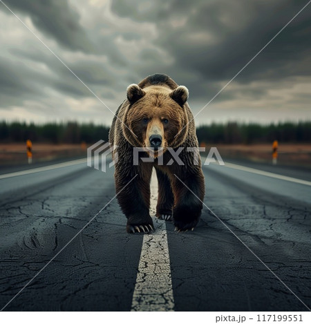 a bear walks along an asphalt road 117199551