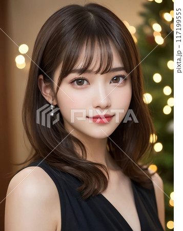クリスマスツリーの前で優しく微笑む港区女子 117199555