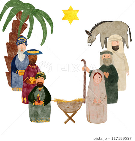 Wise men holy family Christmas card hand painted digital watercolor isolated on white background. High quality illustration for cards, stickers, posters, celebration of true Christmas, decoration 117199557