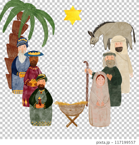 Wise men holy family Christmas card hand painted digital watercolor isolated on white background. High quality illustration for cards, stickers, posters, celebration of true Christmas, decoration 117199557