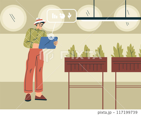 Modern Agriculture Equipment with Man Character Monitor Plant Growing Vector Illustration 117199739
