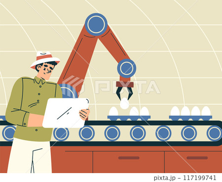 Modern Agriculture Equipment with Man Character Pick Eggs Vector Illustration 117199741