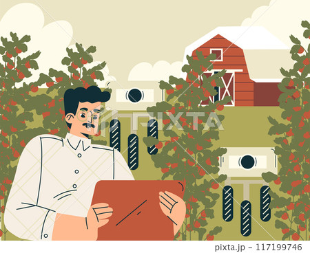 Modern Agriculture Equipment with Man Character Monitor Robot Vector Illustration 117199746