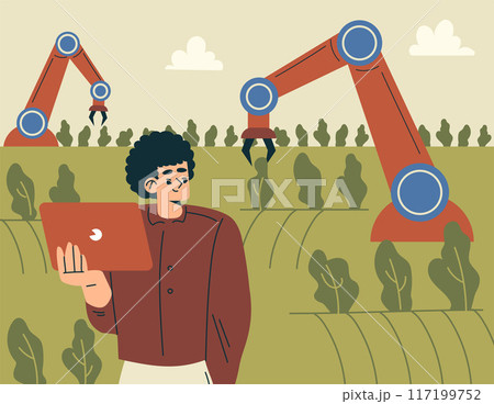 Modern Agriculture Equipment with Man Character Planting Crop with Robotic Arm Vector Illustration 117199752
