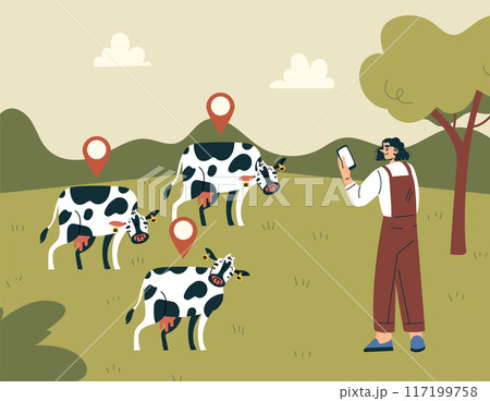 Modern Agriculture Equipment with Woman Character Monitor Cow Vector Illustration 117199758