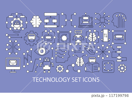 Set of vector modern technology illustrations made using minimalistic icons of AI, machine learning, brain and robot. Colorful badges in flat minimalistic style for decoration and design. Set of vector modern technology illustrations made using minimalistic icons of AI, machine learning, brain and robot. Colorful badges in flat minimalistic style for decoration and design. 117199798