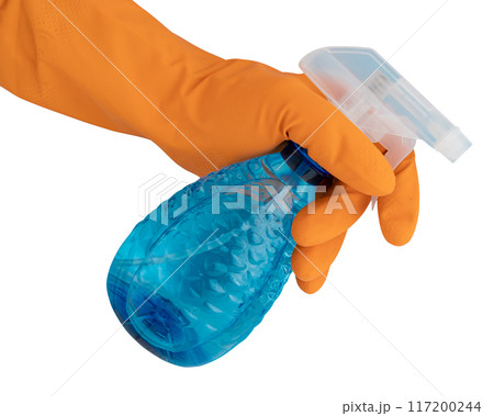hand in rubber glove holds cleaning spray bottle 117200244