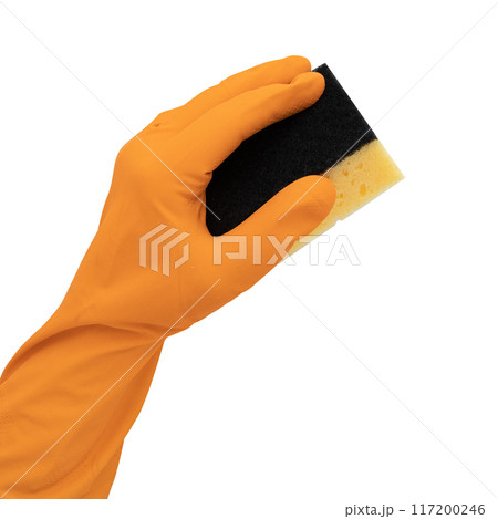 hand in rubber glove holds sponge for washing dishes hand in rubber glove holds sponge for washing dishes 117200246