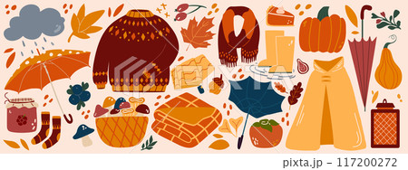 Set of autumn elements. Fall season collection. Pumpkin, rain and umbrella, raincoat and wellies. Set of autumn elements. Fall season collection. Pumpkin, rain and umbrella, raincoat and wellies. 117200272