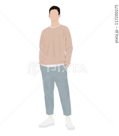 Vector illustration of a man in a light beige sweater and light gray pants. Cozy everyday look 117200275
